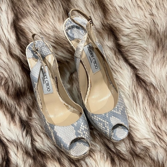 Jimmy Choo | FROSTED PYTHON WHITE Peep Toe Stilettos | Size 39 | 9.5 - Picture 3 of 10